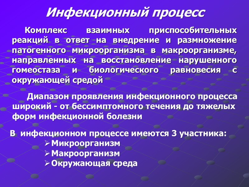 Инфекционный процесс Комплекс взаимных приспособительных реакций в ответ на внедрение и размножение патогенного микроорганизма